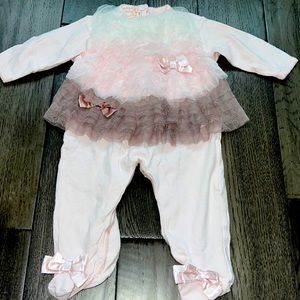 Baby biscotti ombré tulle tiered ruffle top long sleeve dressy onesie with bows